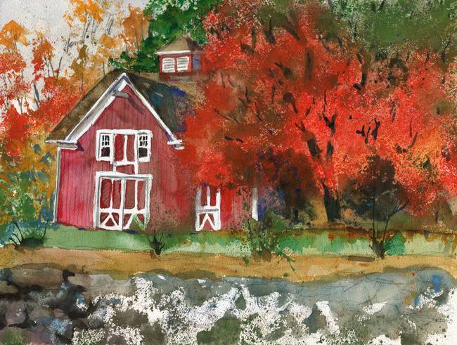 650x491 Red Barn In Autumn Watercolor Painting By Miriam Schulman