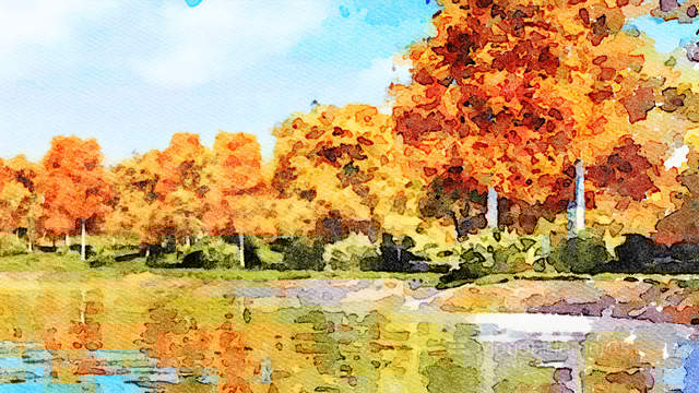 640x360 Watercolor Landscape With Autumn Trees And Lake Stock Animation