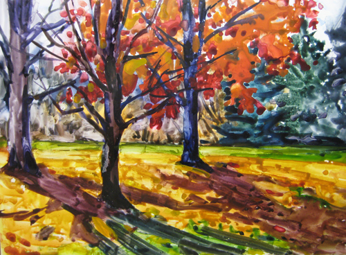 500x368 Autumn Cascade Watercolor Painting
