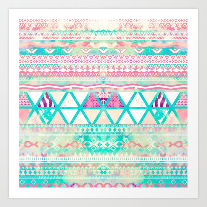 700x700 Pink Teal Aztec Pattern Triangles Girly Watercolor Art Print By