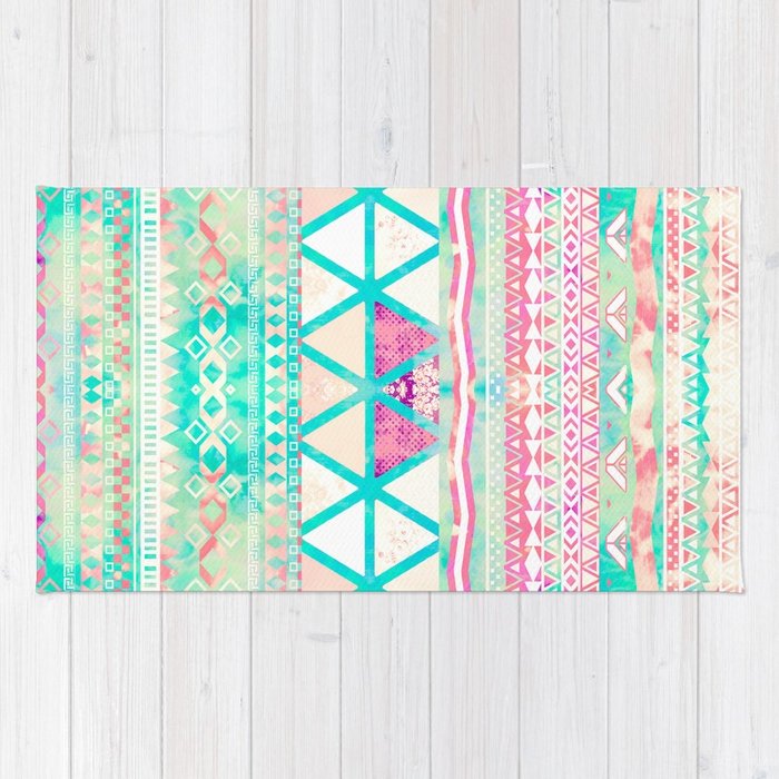 700x700 Pink Teal Aztec Pattern Triangles Girly Watercolor Rug By