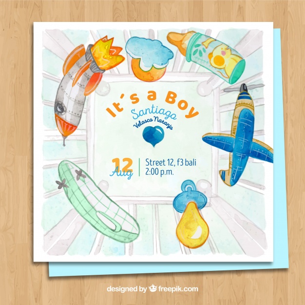 626x626 Baby Boy Card Invitation With Toys In Watercolor Style Stock