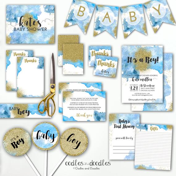 570x570 Blue And Gold Baby Shower, Blue Ombre Watercolor Boho Baby Boy