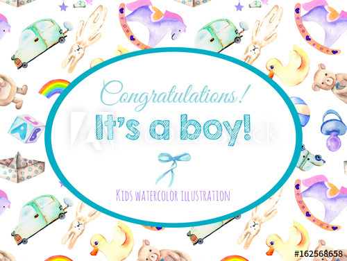 500x376 Card Template, Frame Border On Baby Boy Shower Watercolor Elements