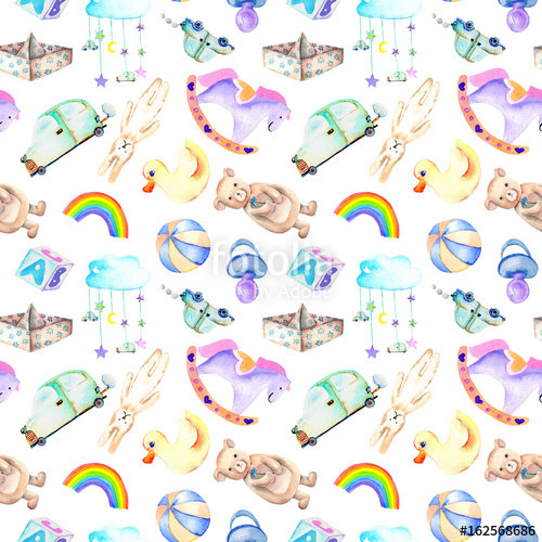 500x500 Seamless Pattern With Baby Boy Shower Watercolor Elements (Toys