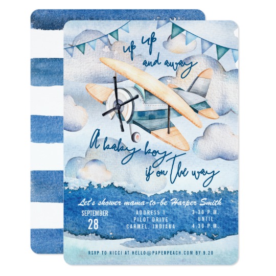 540x540 Watercolor Airplane Baby Boy Shower Invitation