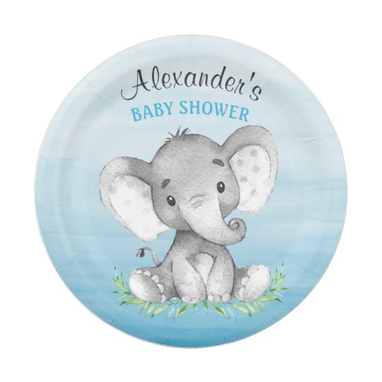 540x540 Watercolor Elephant Boy Baby Shower Paper Plate