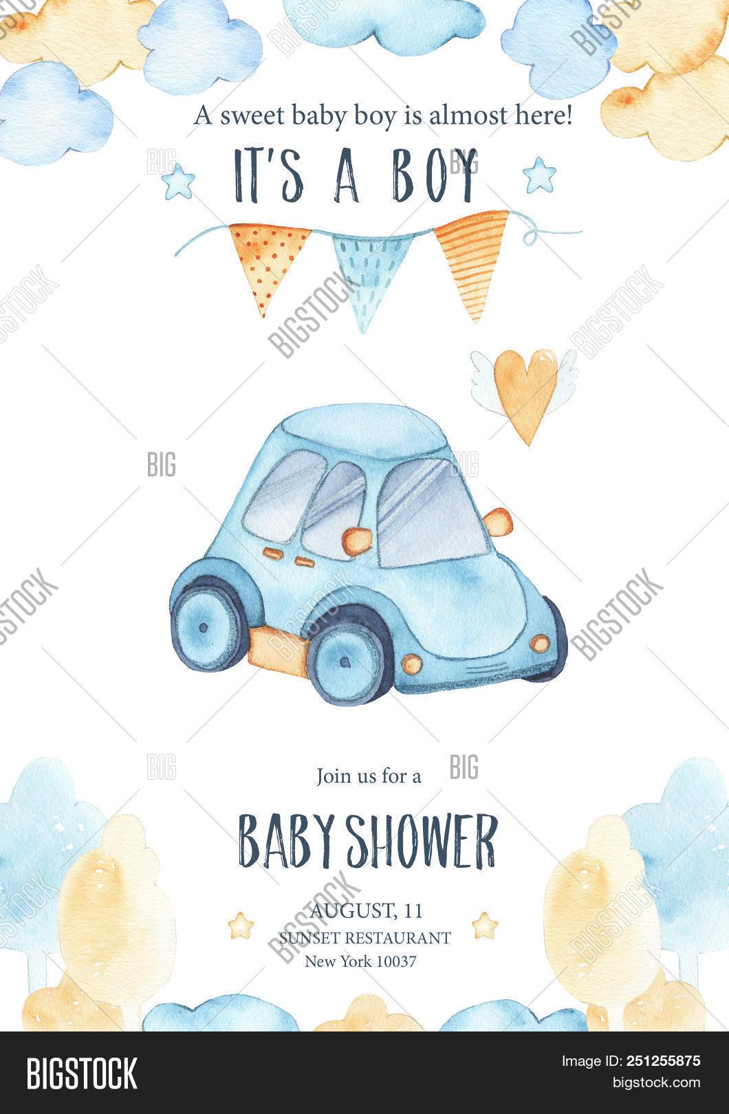 1060x1620 Watercolor Its Baby Boy Shower With Cute Blue Car Auto Image