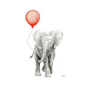 300x300 Baby Elephant Watercolor Red Balloon Painting By Olga Shvartsur