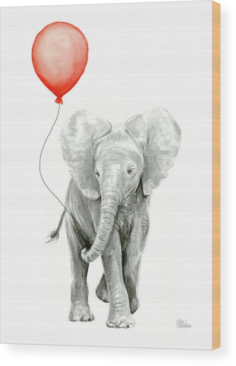 472x732 Baby Elephant Watercolor Red Balloon Wood Print By Olga Shvartsur