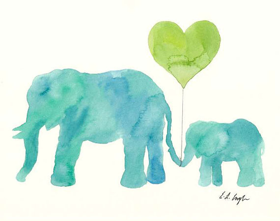 570x451 Original Custom Watercolor Painting Mom And Baby Elephants With A