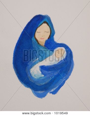 365x470 Watercolor Painting Of Mary And Baby Jesus On White Background