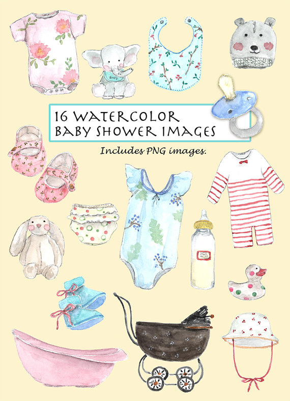 570x787 Clip Art Watercolor Vintage Baby Shower Set. 16 Images. Digital