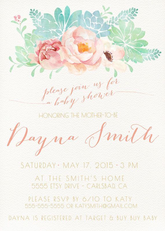 570x798 Girl Baby Shower Invitation Succulent Watercolor By Kreynadesigns