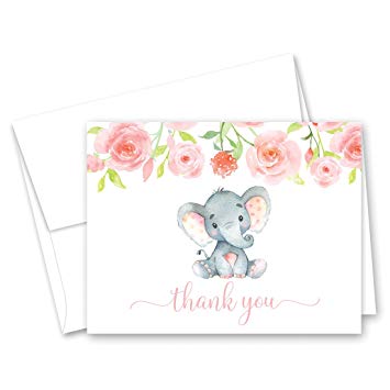 355x355 50 Pink Watercolor Floral Elephant Baby Shower Thank