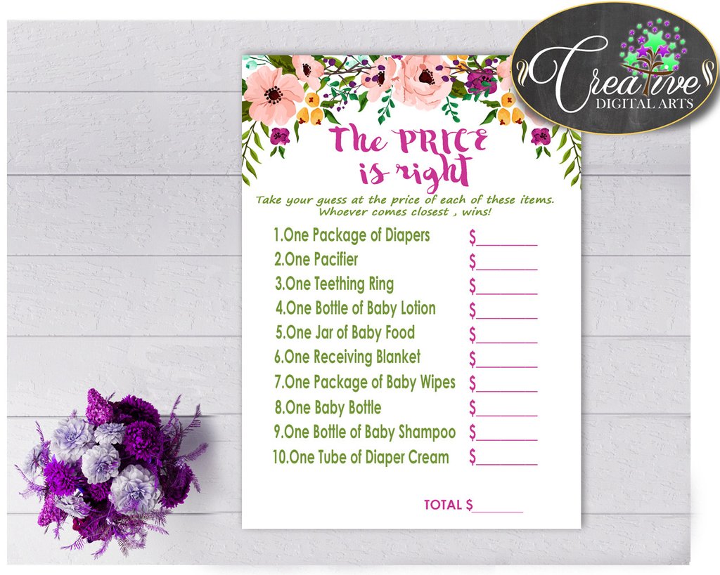 1024x819 Baby Shower Girl Watercolor Flowers The Price Is Right Game In