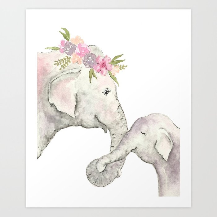 700x700 Elephant Mother And Baby Watercolor Art Print By