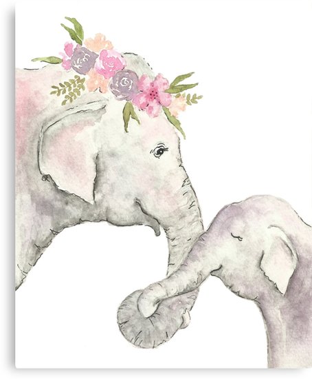 454x550 Elephant Mother And Baby Watercolor Canvas Prints By