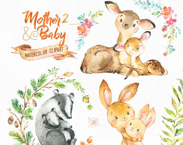 642x510 Mother Amp Baby 2. Watercolor Animals Clipart Deer Rabbit Etsy