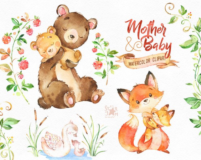 642x510 Mother Amp Baby. Watercolor Animals Clipart Fox Bear Swan Etsy