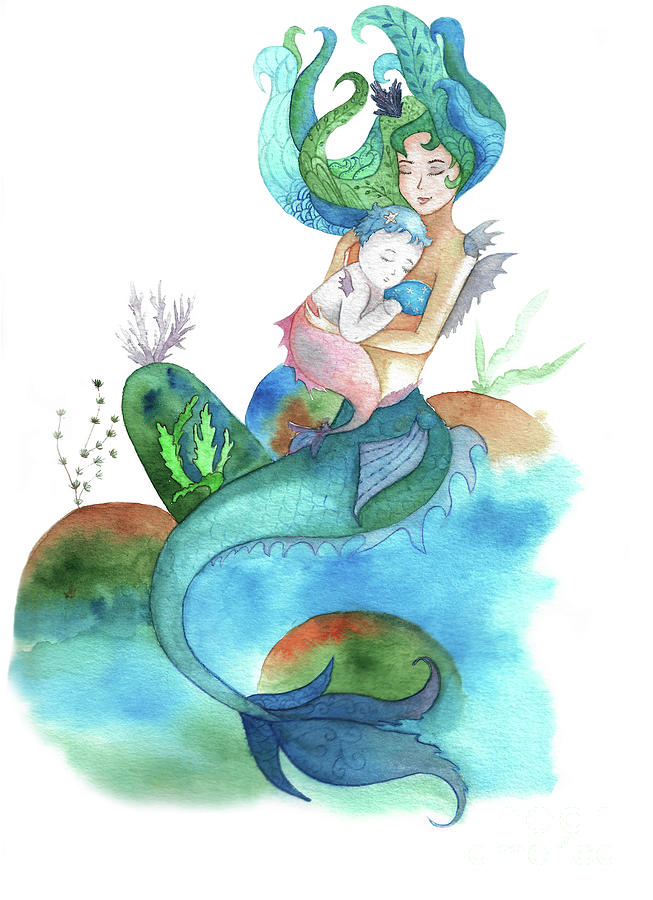 653x900 Watercolor Mermaid Holding A Baby Mermaid Drawing By Liliya