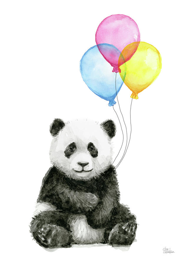642x900 Baby Panda Watercolor With Balloons Painting By Olga Shvartsur