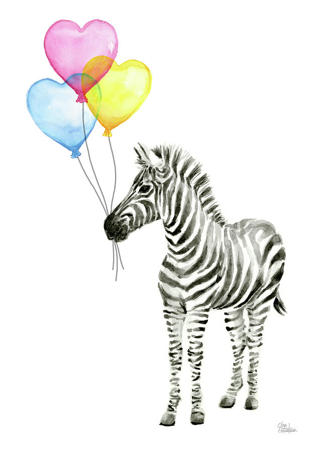 642x900 Baby Zebra Watercolor Animal With Balloons Painting By Olga Shvartsur