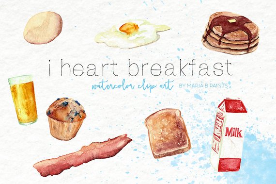 570x379 Breakfast Food Watercolor Clip Art Instant Download Bacon Eggs Etsy