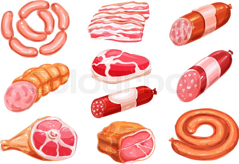 800x551 Meat Product Watercolor Drawing Set. Fresh Beef Steak, Pork
