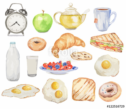 500x433 Watercolor Breakfast Set. Meals For Morning As Croissant, Fried