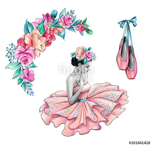 500x481 Watercolor Illustration, Ballerina In Pink Dress, Flowers, Shoes