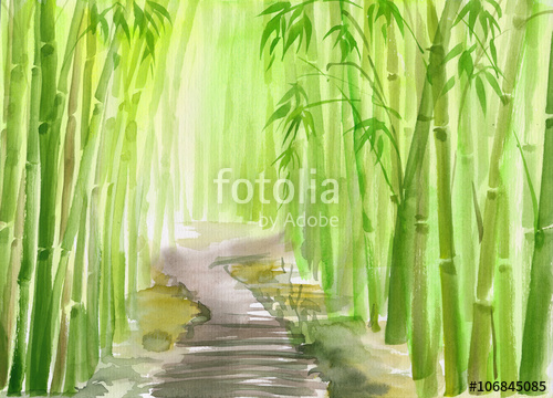 500x360 Single Path Alley Through Green Bamboo Forest Original Watercolor