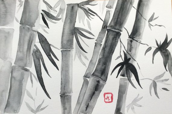 570x377 Bamboo Watercolor Painting Original Artwork Sumi E Style One Etsy