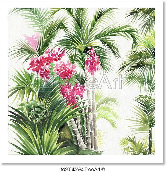 561x581 Free Art Print Of Palm Bamboo Oasis. Watercolor Painting Of