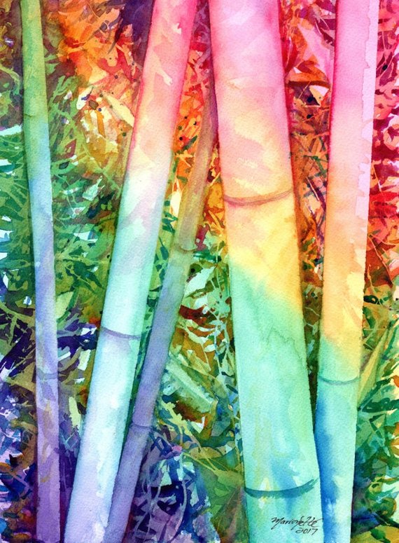 570x775 Bamboo Original Watercolor Painting Kauai Rainbow Bamboo Asian Etsy