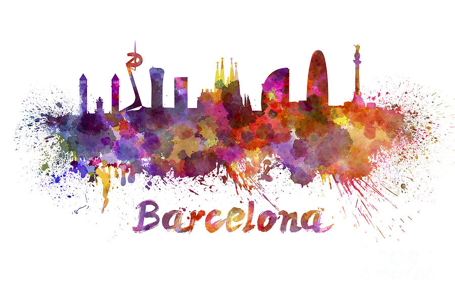 900x590 Barcelona Skyline In Watercolor Painting By Pablo Romero