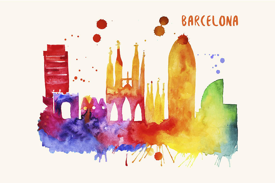 900x600 Barcelona Skyline Watercolor Poster