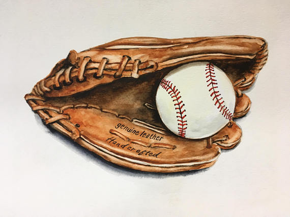 570x427 Baseball Glove, Sports, Original Watercolor On Paper, Boys