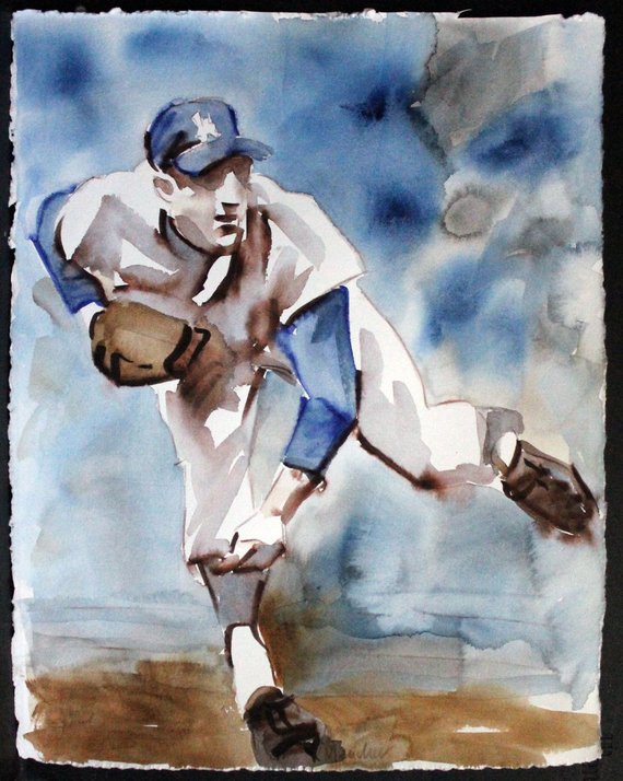 570x714 Kenney Mencher Sandy Koufax Fires One In, Watercolor On Rives Bfk