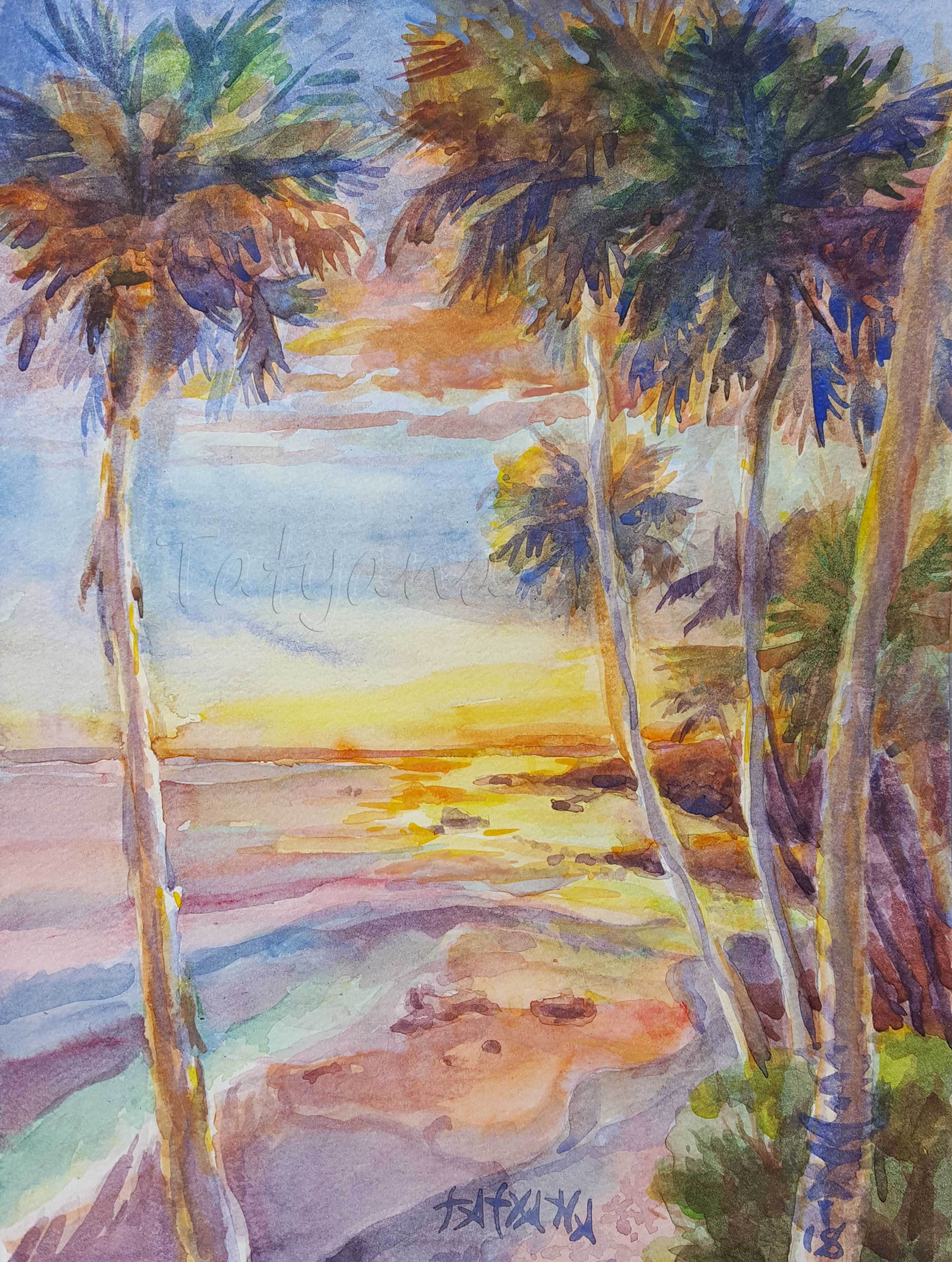 2760x3658 Laguna Beach Sunset Heisler Park Watercolor Painting For Sale