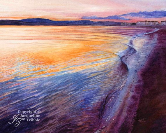 570x456 Print Exmouth Beach Sunset Watercolor Painting Landscape Etsy