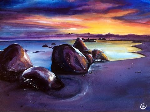 480x360 Watercolor Sunset Beach Painting Video Tutorial