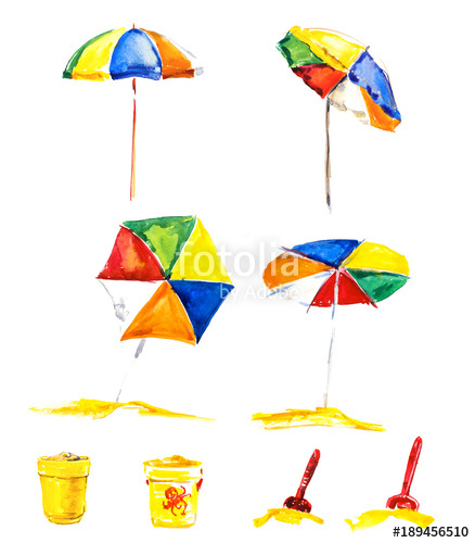 438x500 Beach Umbrella, Games In Sand. Watercolor Hand Drawn Illustration