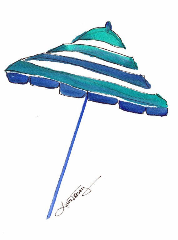 570x768 Blue Beach Umbrella, Watercolor Painting, Original 5 By 7