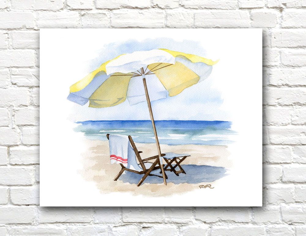 1000x771 Beach Chair Umbrella Watercolor Painting 11 X 14 Art Print By
