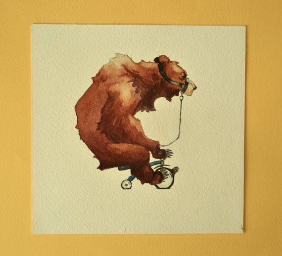 570x518 Circus Bear Watercolor Painting Tricycle Original 7x7 Fine Art