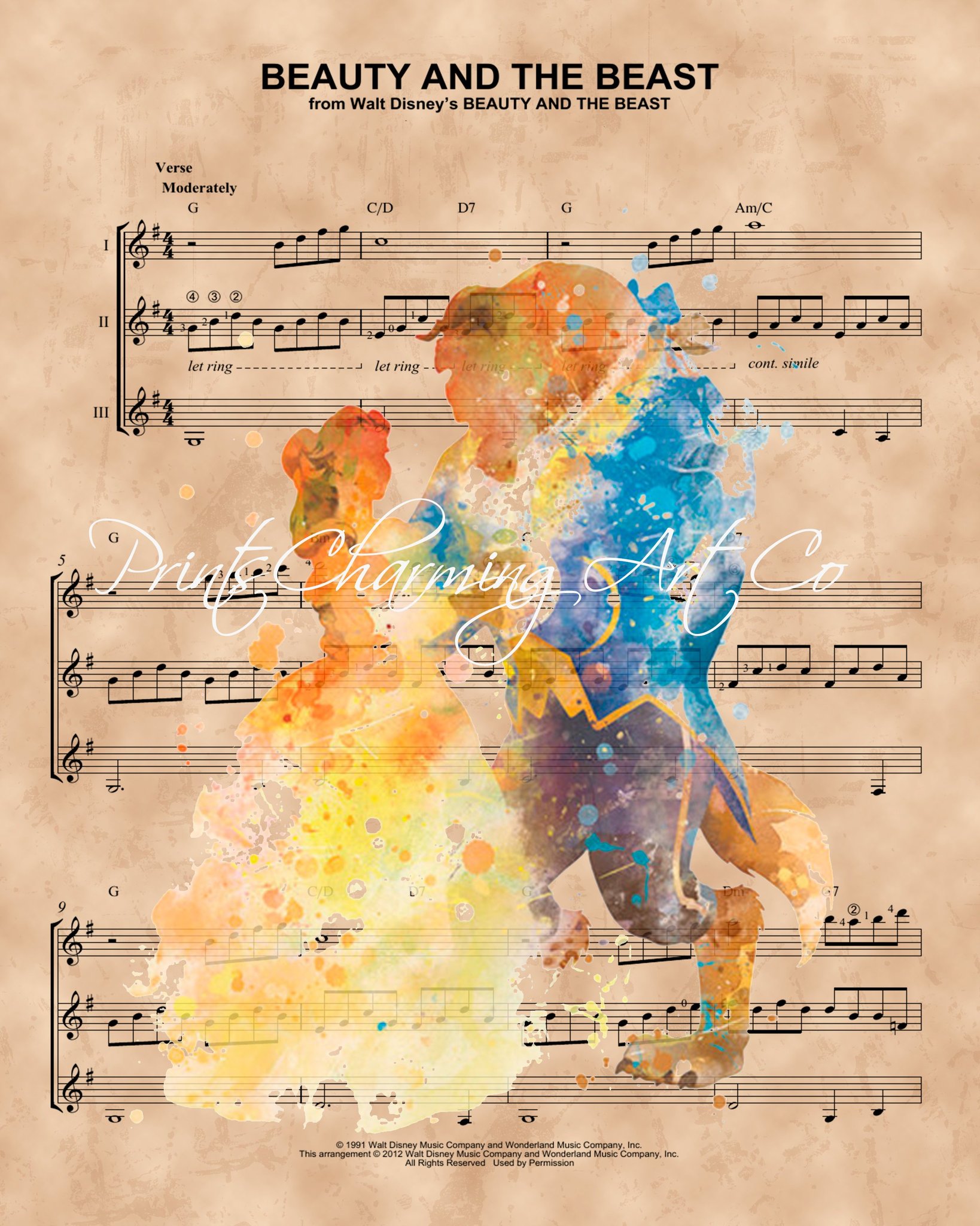 1638x2048 Beauty And The Beast Watercolor, Sheet Music Print Prints