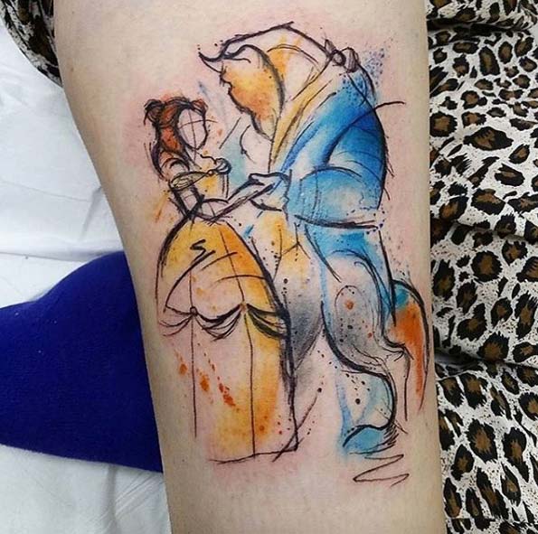 595x591 Beauty Beast Watercolor Tattoo