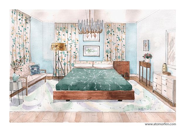631x458 Spring Bedroom Watercolor Sketch. Interior Perspective Drawings