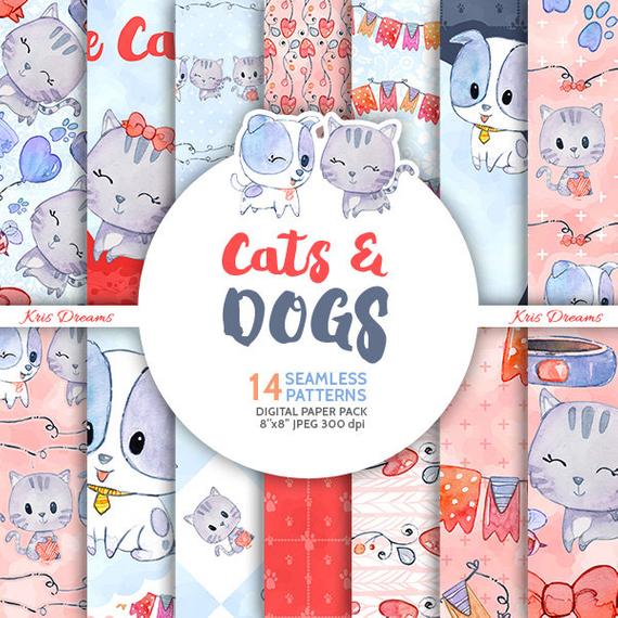 570x570 Cat Digital Paper Dog Digital Paper Pack Watercolor Paper Bee Etsy